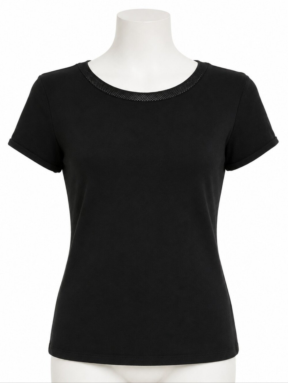 Talbots Black Short Sleeve Knit Top Mesh Trim Crew Neck Sweater Tee Size L